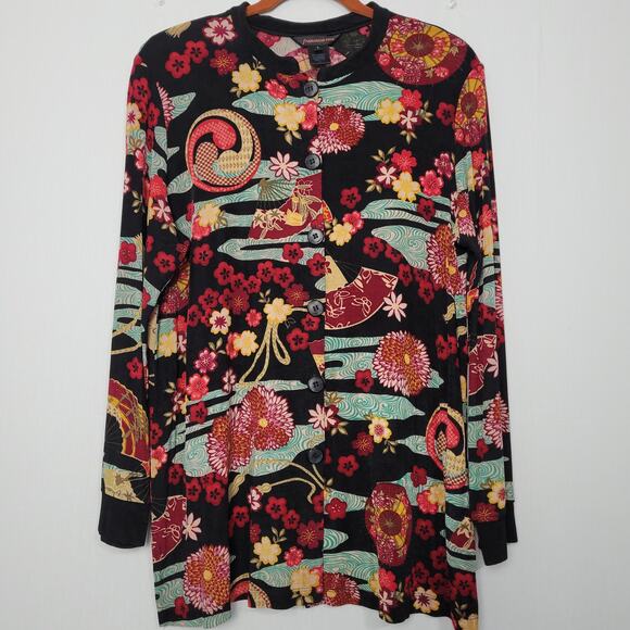 Vintage Francesca Rose colorful slinky cardigan size L black Y2K Asian inspired - Picture 1 of 9